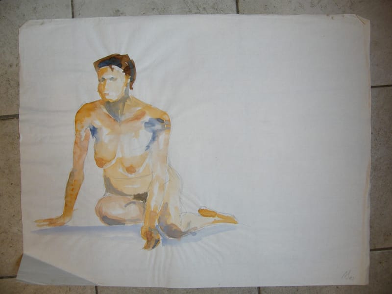 Femme Nue à genoux André Simon 1926-2014 1993 Artiste Lorrain Aquarelle