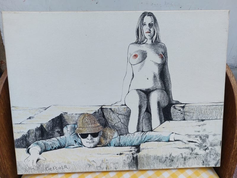 Roland Delcol Postmoderniste Femme Nue Dessin sur Toile Erotique Lunettes Noires