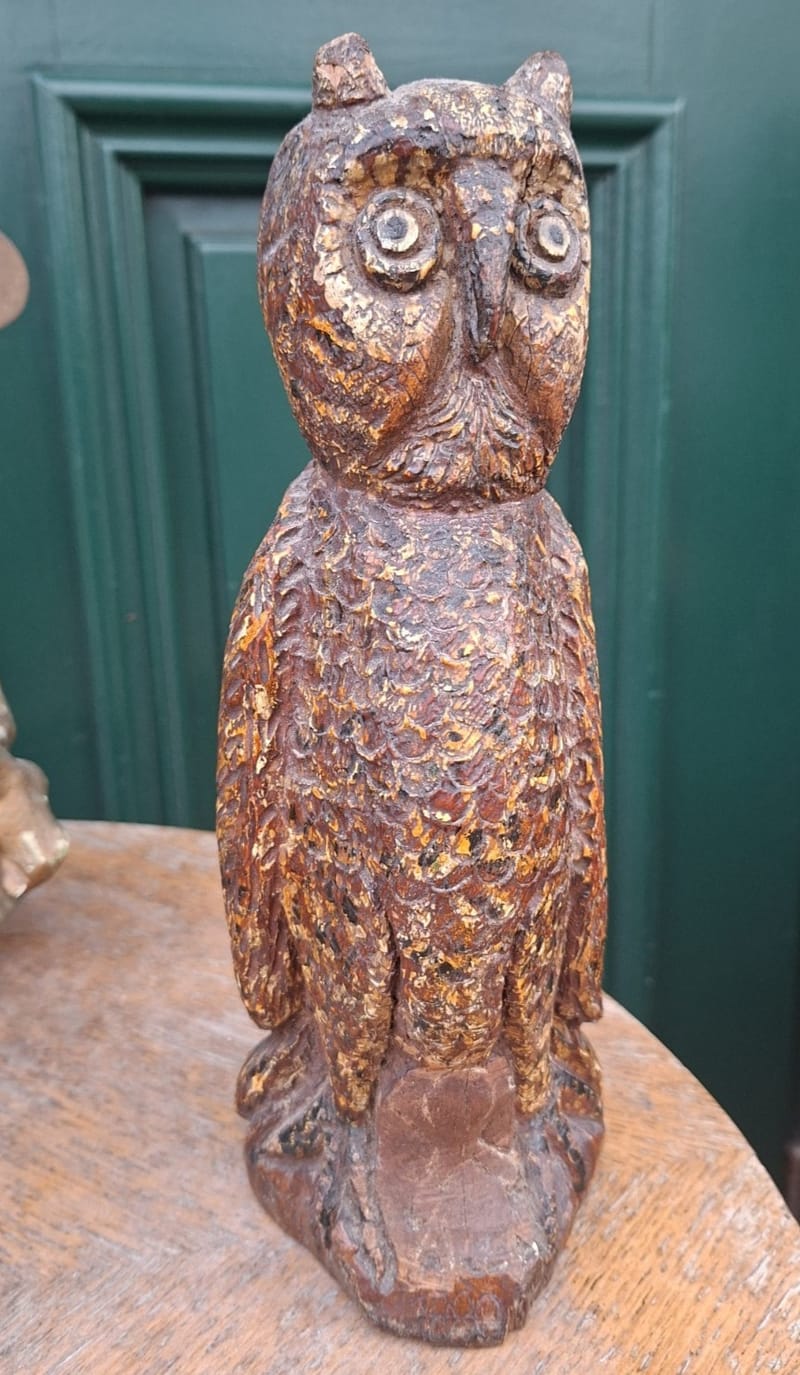 Chouette Hibou Bois Polychrome 1880 XIX ème siècle Art Populaire