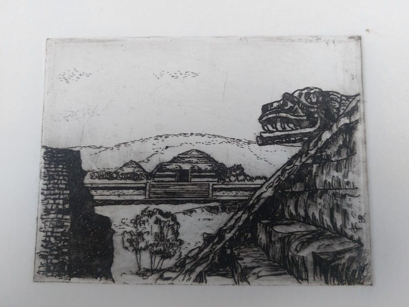 Eau Forte Temple Aztèque André Simon Artiste Lorrain Metz — vue 2