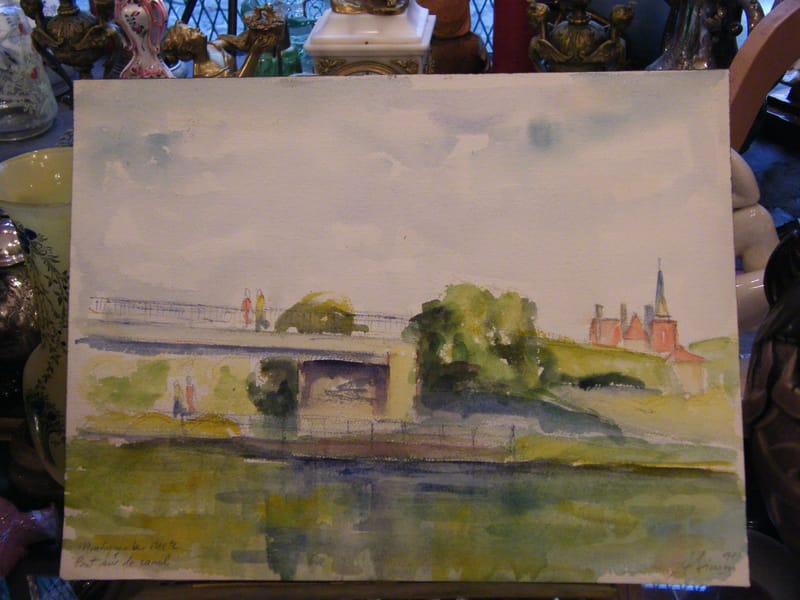 Aquarelle Montigny les Metz Canal André Simon 1926-2014 1991 Artiste Lorrain