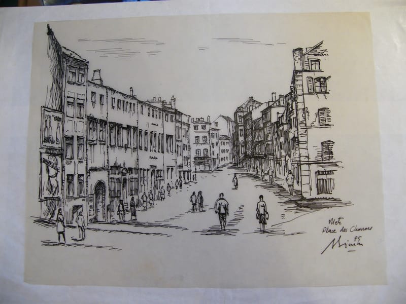 Metz Place des Charrons André Simon 1926-2014 Encre de Chine sur calque