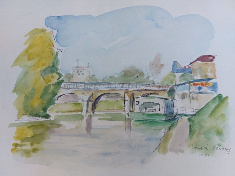 Seine Poissy André Simon 1926-2014 1951 Artiste Lorrain Aquarelle — vue 2