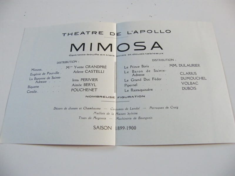 Billet Théâtre Apollo Saison 1899 1900 Mimosa Opérette — vue 2