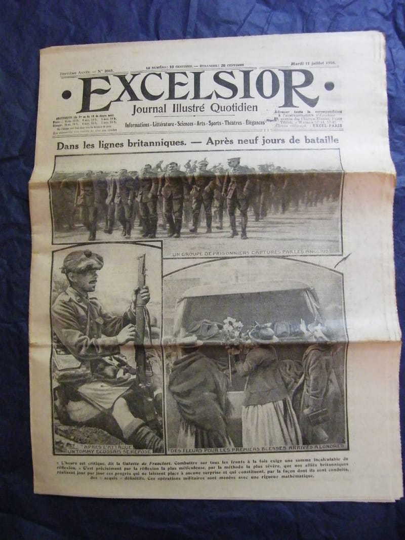 "Journal Excelsior 11 juillet 1916 Lignes Britanniques Guerre 1914 1918"