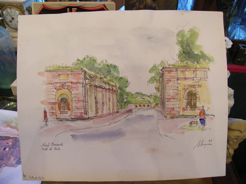 Aquarelle Neuf Brisach Porte de Bâle André Simon 1926-2014 1999 Artiste Lorrain