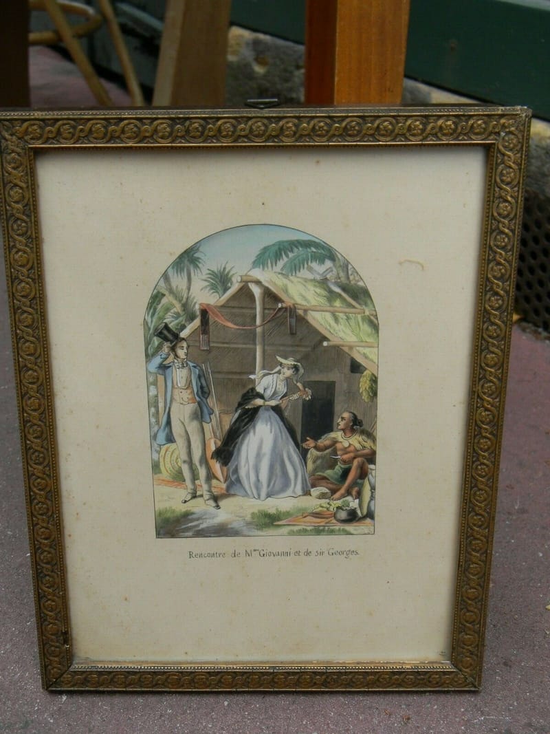 Mme Giovanni et Sir Georges Dessin Gouache XIX ème Siècle Rencontre de