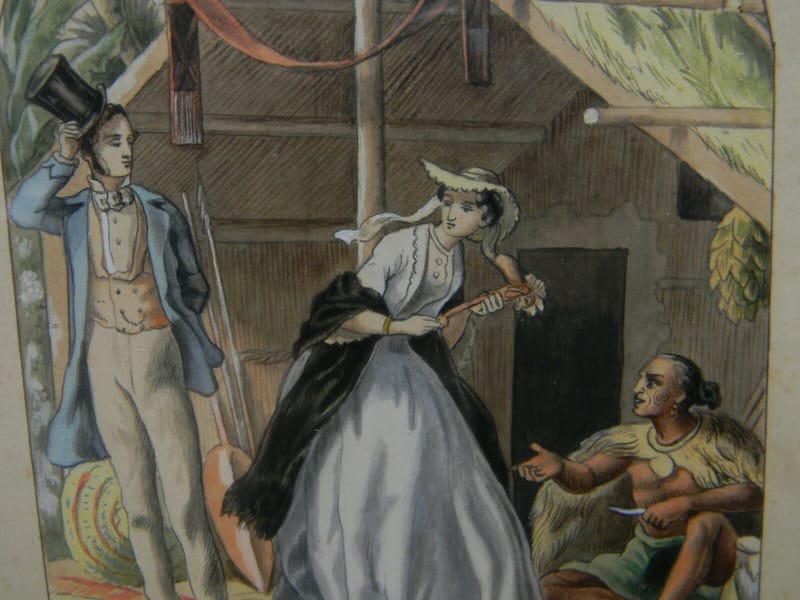 Mme Giovanni et Sir Georges Dessin Gouache XIX ème Siècle Rencontre de — vue 3