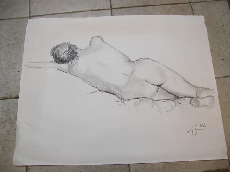 Fusain Etude nu allongé André Simon 1926-2014 2002 Artiste Lorrain"