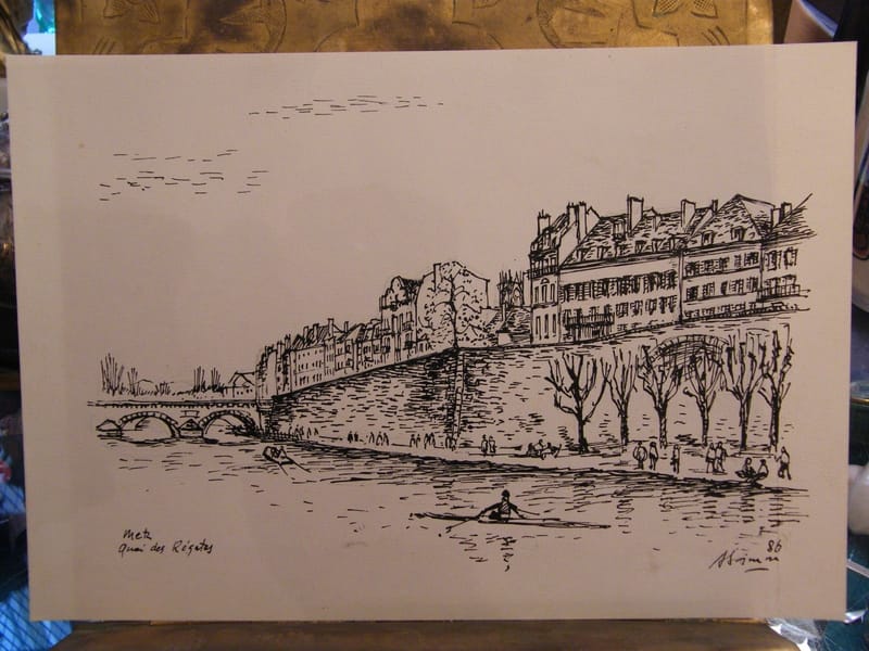 Metz Encre Chine Metz Quai Régates André Simon 1926-2014 1986 Artiste Lorrain