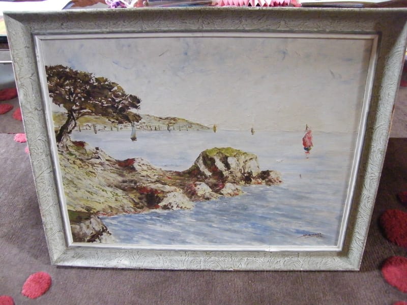 Mer Méditerranée Huile sur Isorel Bords de Mer Méditerranée Signé Ramaub 1952