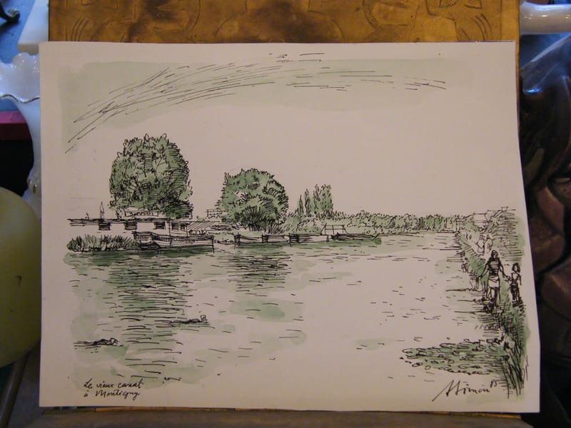 Montigny Vieux Canal André Simon 1926-2014 1985 Artiste Lorrain Encre de Chine