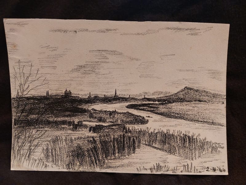 Fusain André Simon 1944 Artiste Lorrain Metz Vue de St julien
