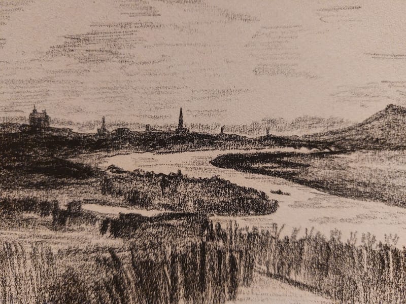 Fusain André Simon 1944 Artiste Lorrain Metz Vue de St julien — vue 2