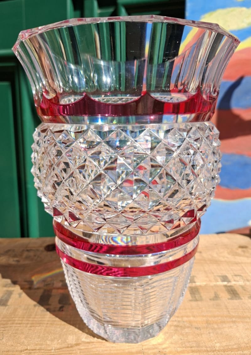 Val St Lambert Vase Cristal Pointes Diamant Signé