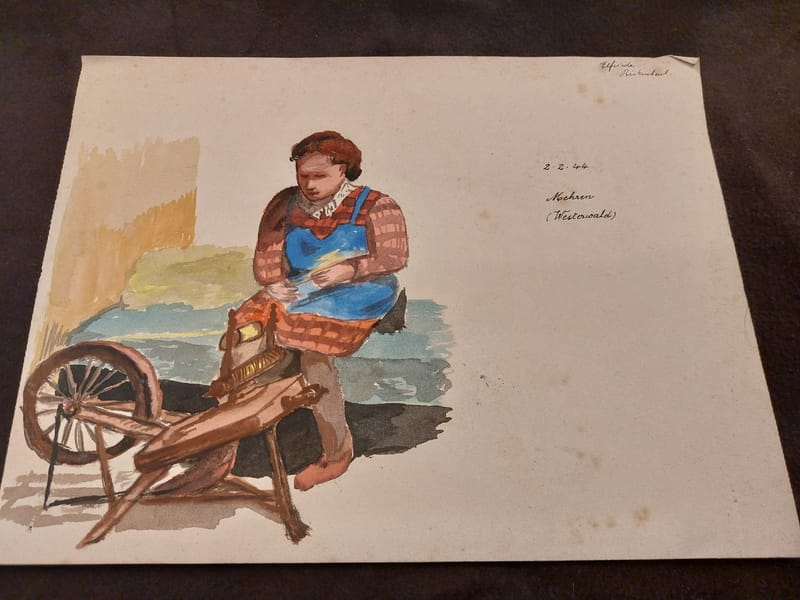 Gouache André Simon 1944 Artiste Lorrain Fileuse laine