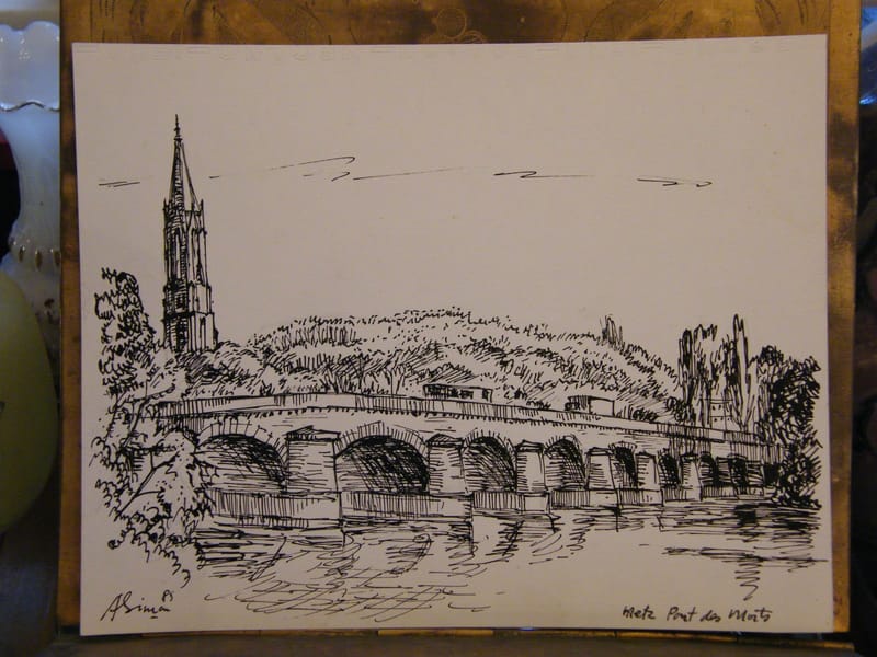 Metz Pont des Morts André Simon 1926-2014 1985 Artiste Lorrain Encre de chine