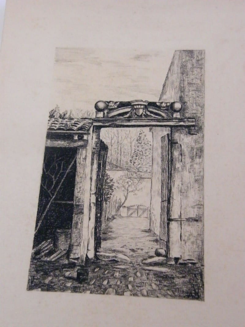 Portail en Pierre André Simon 1926-2014  Artiste Lorrain Fusain