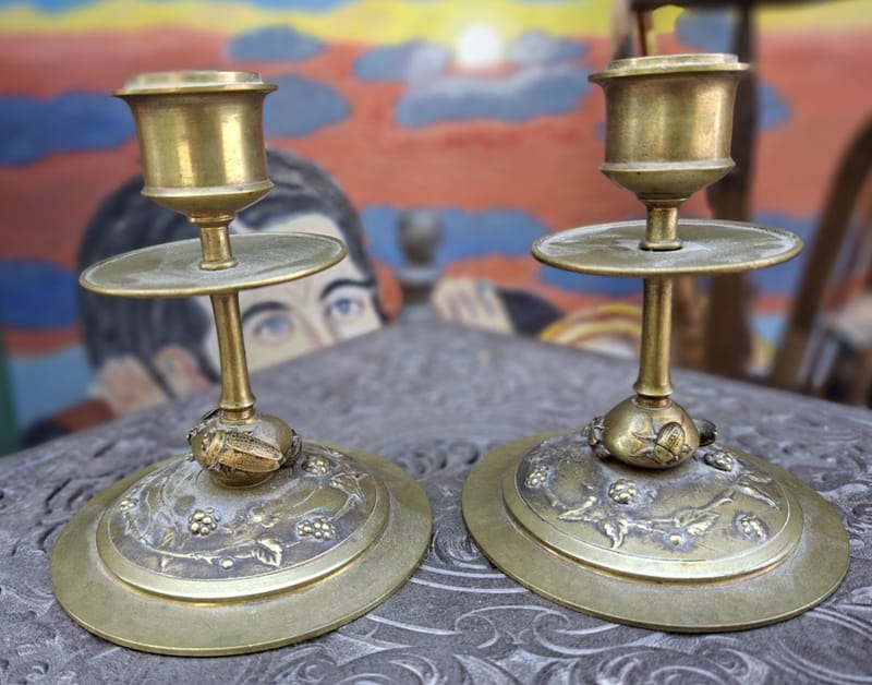 Bronze Art Nouveau Bougeoirs Insectes Scarabées Doryphores