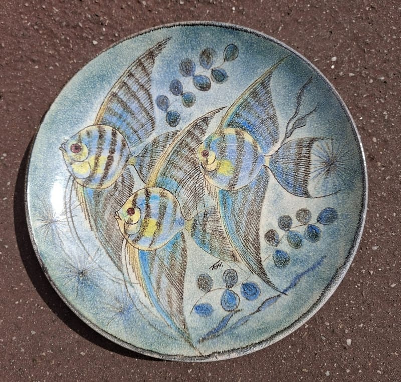 Céramique Poissons Plat Mural Signé 33 cm