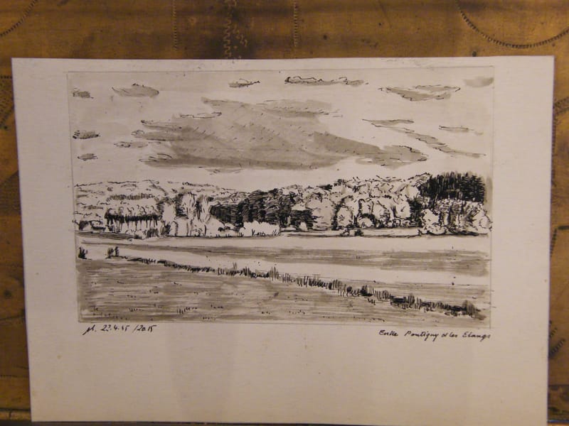 Entre Pontigny Etangs A Simon 1926-2014 1945 Artiste Lorrain Encre Gouache