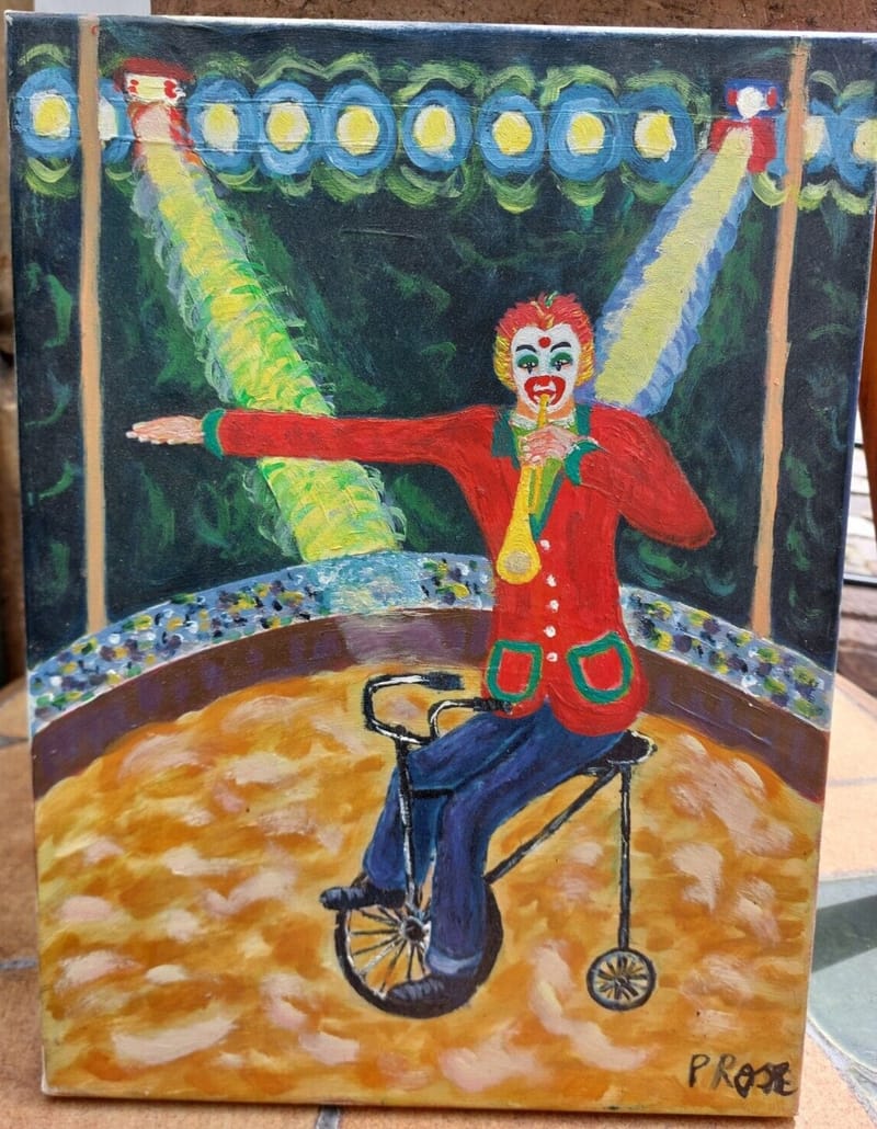 Clown Huile Toile Peter Rose Oil on Canvas Clown Clarinette Velo Art Naïf Signé