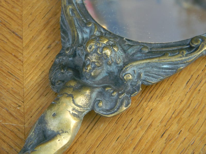 Bronze Miroir Face à Main Angelot Ancien — vue 4
