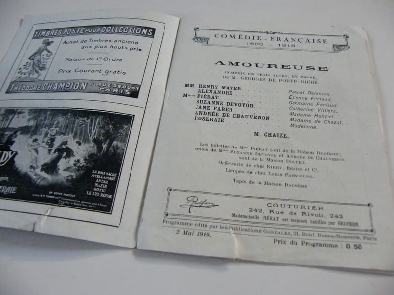 Programme Comédie Française 1919 Amoureuse Porto Riche — vue 2