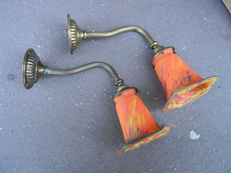 Muller Frères Lunéville Verre Appliques Laiton Sconces Signées