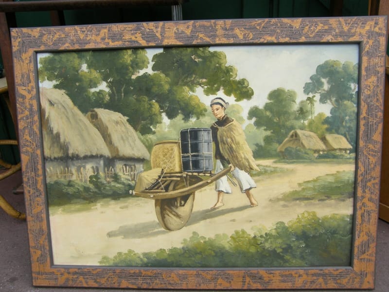 Cambodge Indochine Huile sur Toile Années 50 60 Porteuse d'eau