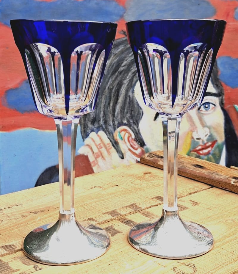 Baccarat Cristal Verres Pied Argent Massif Minerve Bleu Cobalt