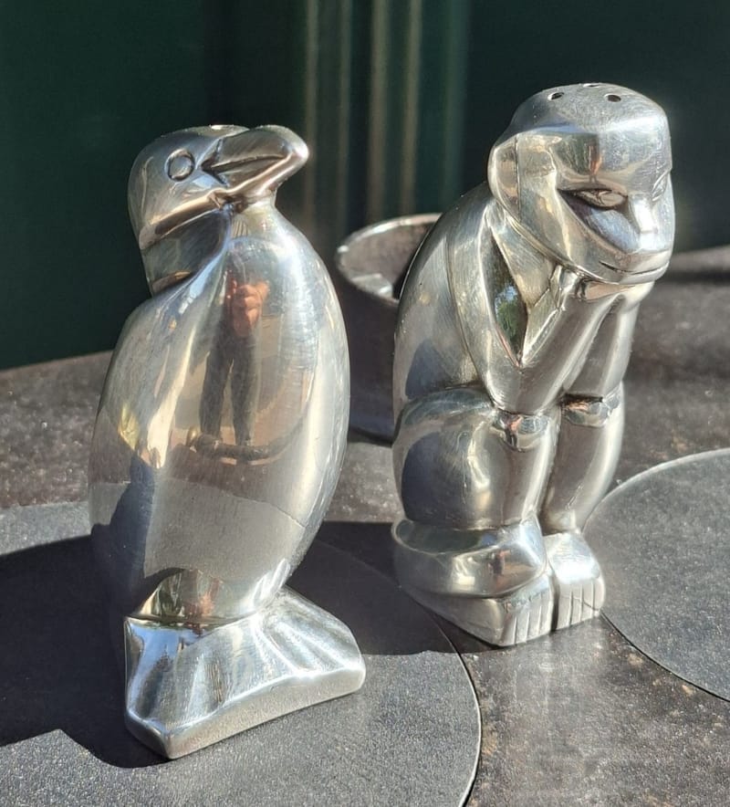 Sandoz Christofle Gallia Art Déco Singe Manchot Argent Salière Poivrier